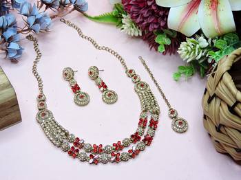 Red yellow gold premium designer american diamond and stone work necklace set 2