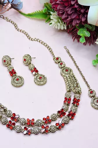 Red yellow gold premium designer american diamond and stone work necklace set