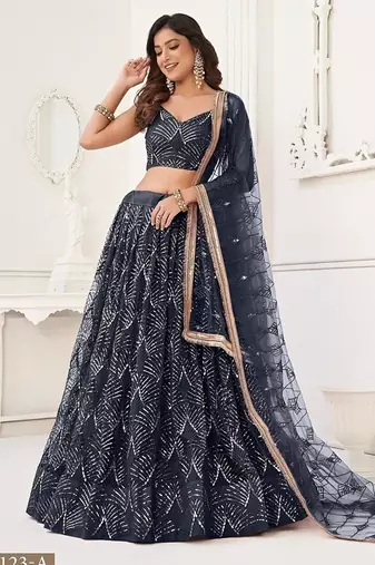Black Net Embroidered & Thread Work Semi Stitched Lehenga Choli