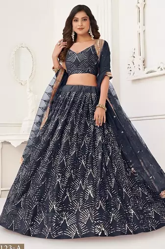 Black Net Embroidered & Thread Work Semi Stitched Lehenga Choli