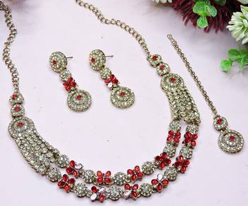 Red yellow gold premium designer american diamond and stone work necklace set 3