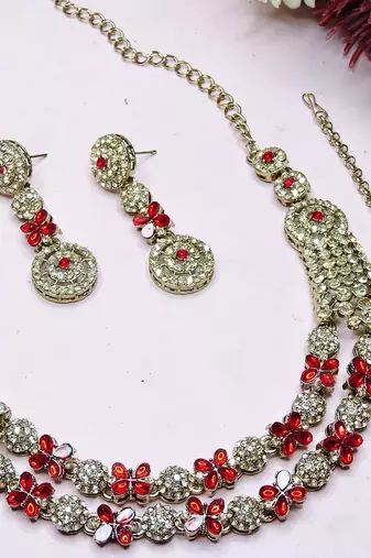 Red yellow gold premium designer american diamond and stone work necklace set