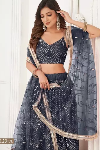 Black Net Embroidered & Thread Work Semi Stitched Lehenga Choli