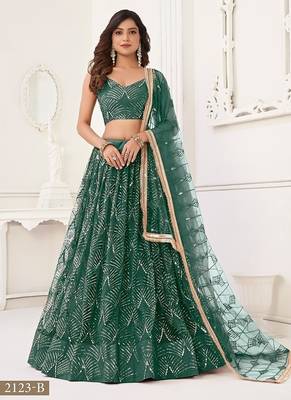 Green Net Embroidered & Thread Work Semi Stitched Lehenga Choli 1
