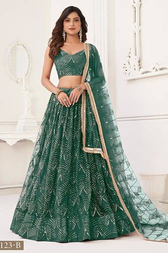 Green Net Embroidered & Thread Work Semi Stitched Lehenga Choli