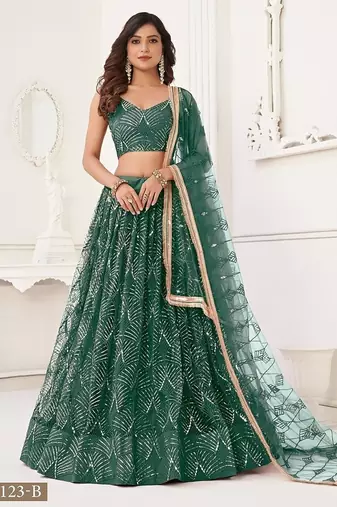 Green Net Embroidered & Thread Work Semi Stitched Lehenga Choli