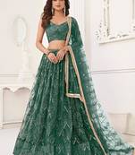 Green Net Embroidered & Thread Work Semi Stitched Lehenga Choli