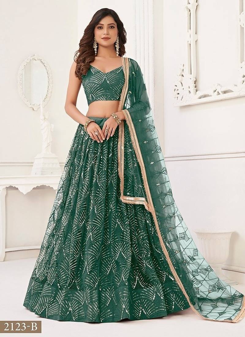 Green Net Embroidered & Thread Work Semi Stitched Lehenga Choli