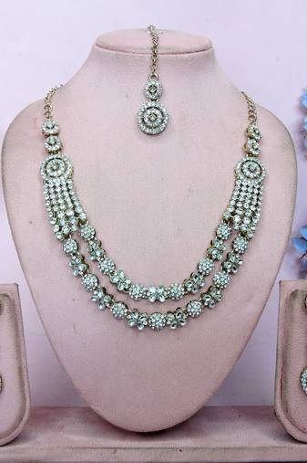 White yellow gold premium designer american diamond and stone work necklace set