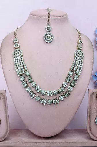 White yellow gold premium designer american diamond and stone work necklace set