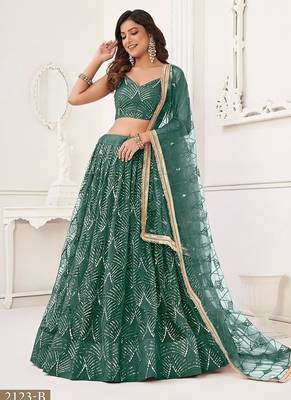 Green Net Embroidered & Thread Work Semi Stitched Lehenga Choli 2