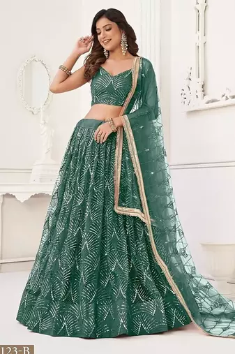 Green Net Embroidered & Thread Work Semi Stitched Lehenga Choli