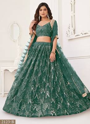 Green Net Embroidered & Thread Work Semi Stitched Lehenga Choli 3