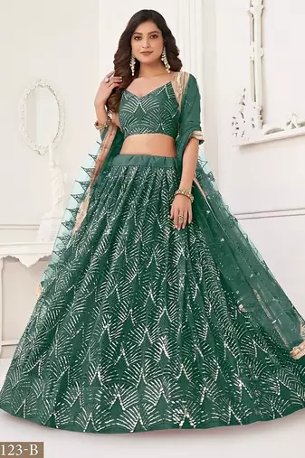 Green Net Embroidered & Thread Work Semi Stitched Lehenga Choli