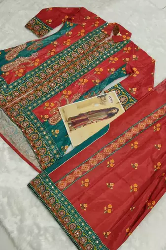 Red Real Premium Digital Crep Silk Readymade Cord Set With Mirror Work