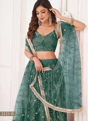 Green Net Embroidered & Thread Work Semi Stitched Lehenga Choli 4