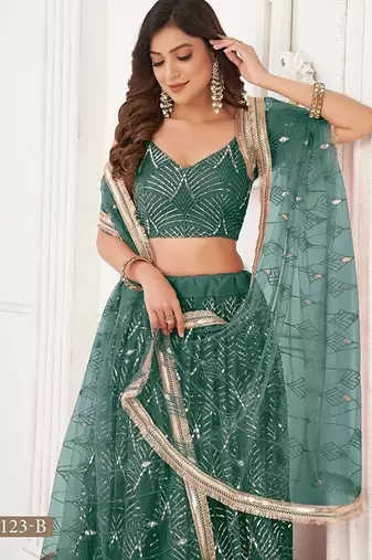 Green Net Embroidered & Thread Work Semi Stitched Lehenga Choli