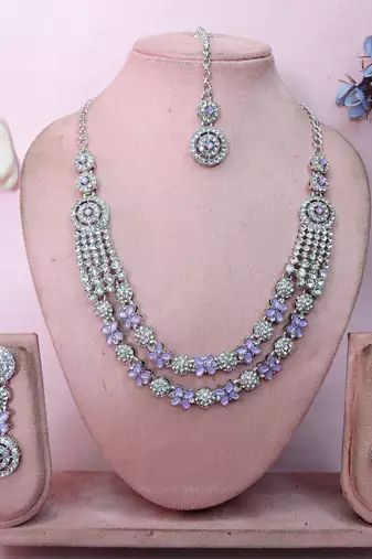 Purple rhodium premium designer american diamond and stone work necklace set