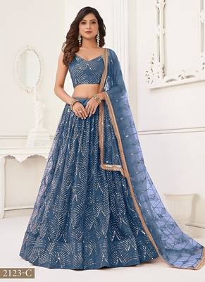 Peach Net Embroidered & Thread Work Semi Stitched Lehenga Choli 1