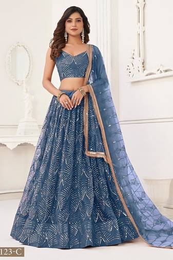 Peach Net Embroidered & Thread Work Semi Stitched Lehenga Choli