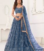 Peach Net Embroidered & Thread Work Semi Stitched Lehenga Choli