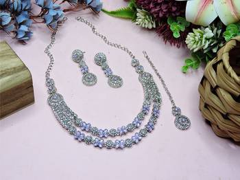 Purple rhodium premium designer american diamond and stone work necklace set 2