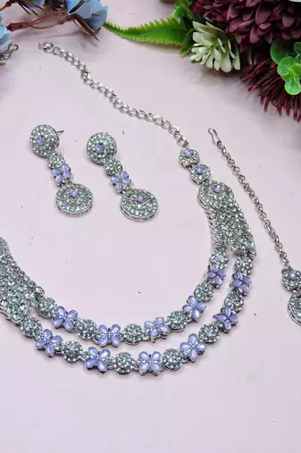 Purple rhodium premium designer american diamond and stone work necklace set