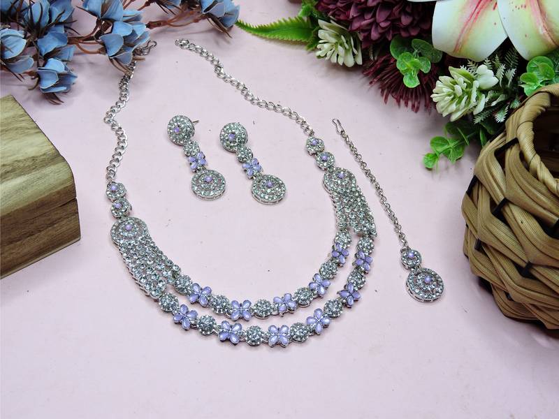 Purple rhodium premium designer american diamond and stone work necklace set