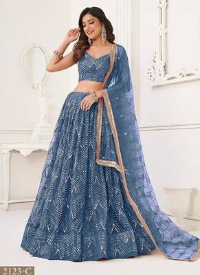 Peach Net Embroidered & Thread Work Semi Stitched Lehenga Choli 2