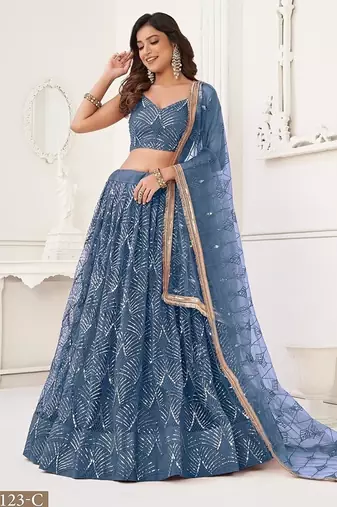 Peach Net Embroidered & Thread Work Semi Stitched Lehenga Choli