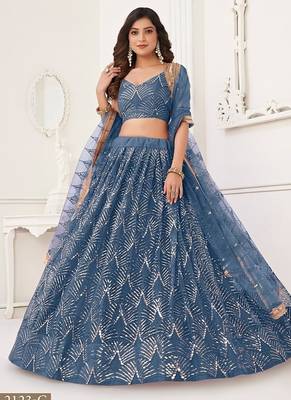Peach Net Embroidered & Thread Work Semi Stitched Lehenga Choli 3