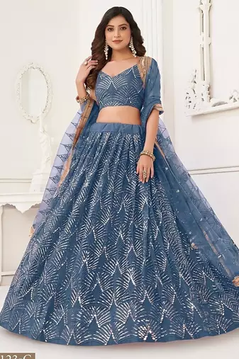 Peach Net Embroidered & Thread Work Semi Stitched Lehenga Choli
