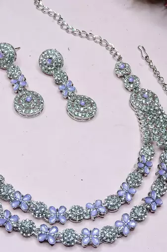 Purple rhodium premium designer american diamond and stone work necklace set