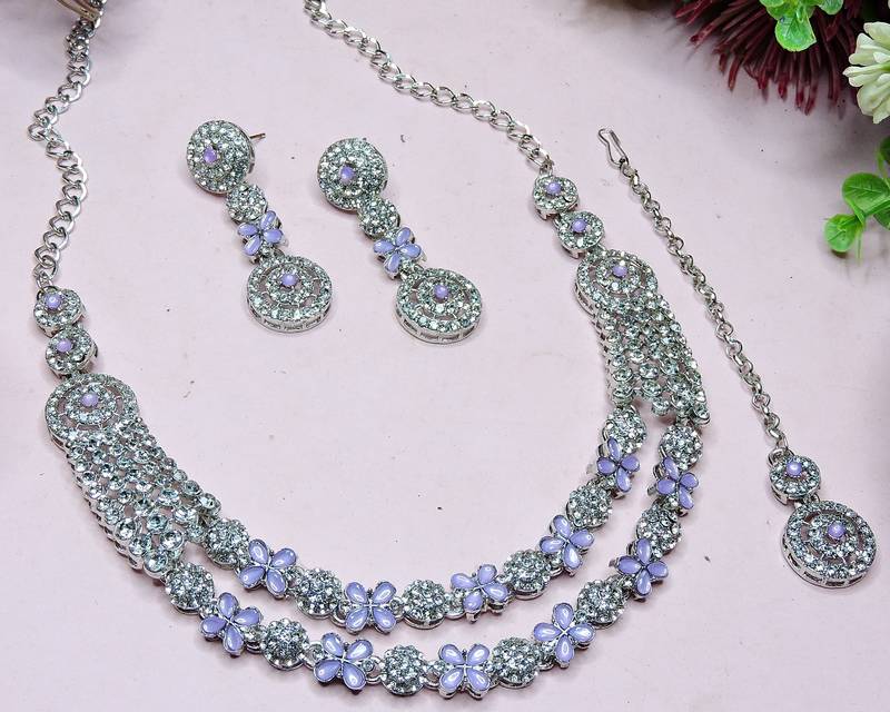 Purple rhodium premium designer american diamond and stone work necklace set