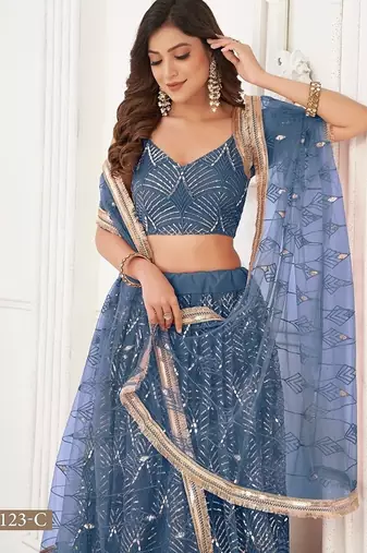 Peach Net Embroidered & Thread Work Semi Stitched Lehenga Choli