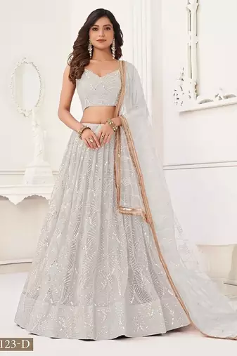 Off White Net Embroidered & Thread Work Semi Stitched Lehenga Choli