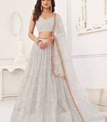 Off White Net Embroidered & Thread Work Semi Stitched Lehenga Choli