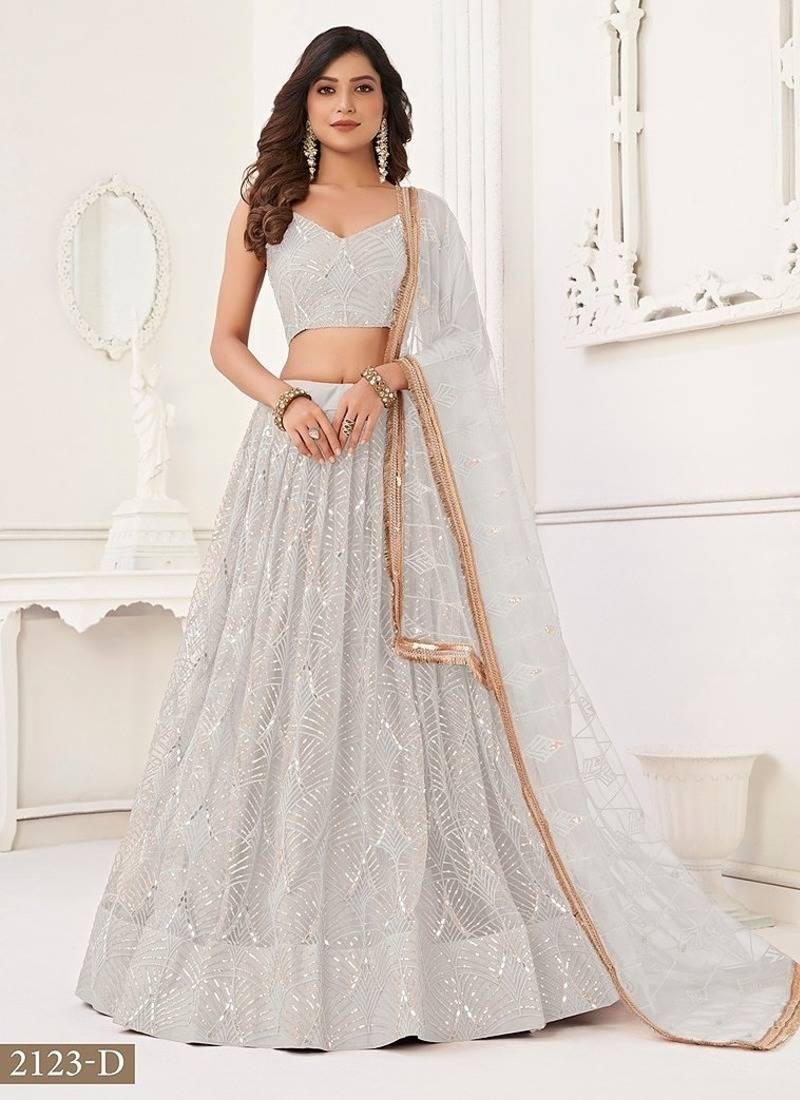 Off White Net Embroidered & Thread Work Semi Stitched Lehenga Choli