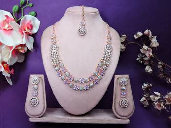 Purple rose gold premium designer american diamond and stone work necklace set 1
