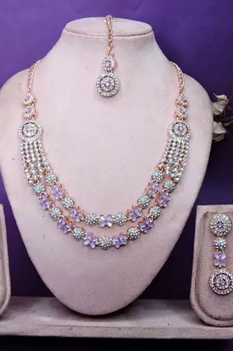 Purple rose gold premium designer american diamond and stone work necklace set