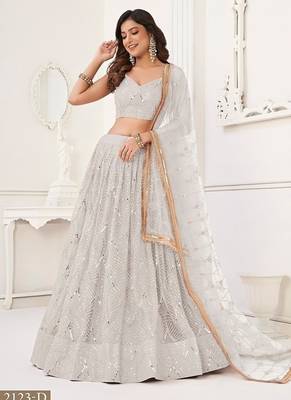 Off White Net Embroidered & Thread Work Semi Stitched Lehenga Choli 2