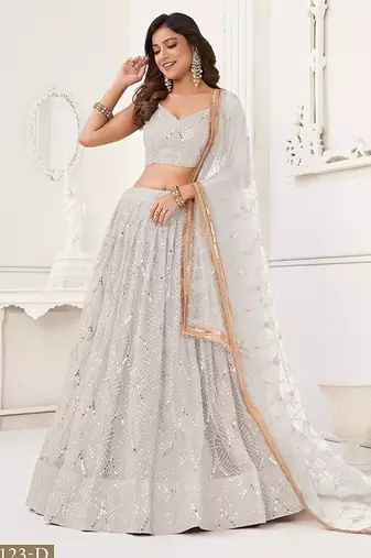 Off White Net Embroidered & Thread Work Semi Stitched Lehenga Choli