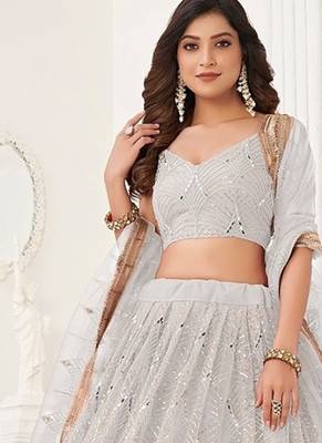 Off White Net Embroidered & Thread Work Semi Stitched Lehenga Choli 3
