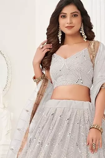 Off White Net Embroidered & Thread Work Semi Stitched Lehenga Choli