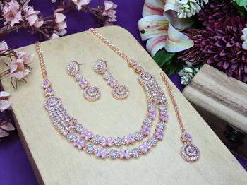 Purple rose gold premium designer american diamond and stone work necklace set 2
