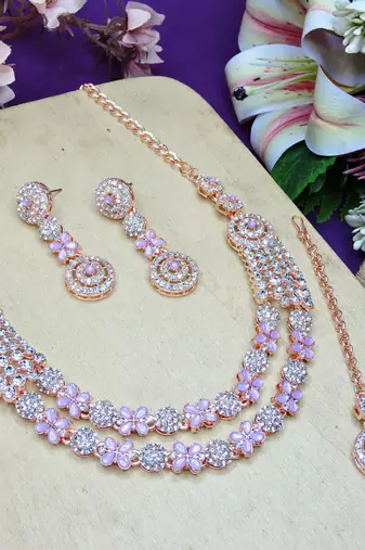 Purple rose gold premium designer american diamond and stone work necklace set