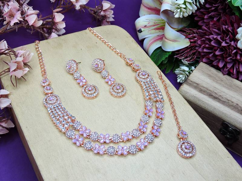 Purple rose gold premium designer american diamond and stone work necklace set