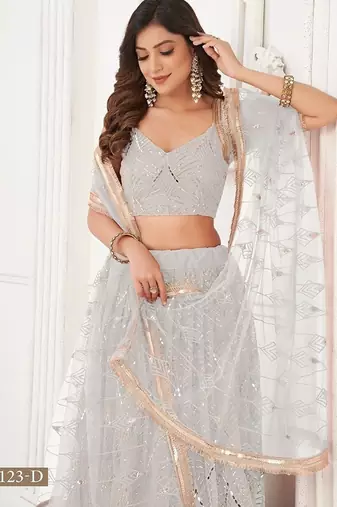 Off White Net Embroidered & Thread Work Semi Stitched Lehenga Choli