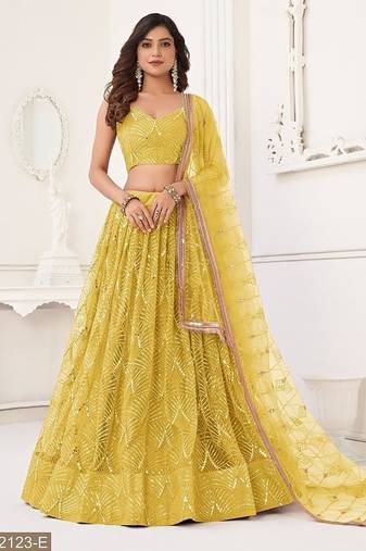 Yellow Net Embroidered & Thread Work Semi Stitched Lehenga Choli