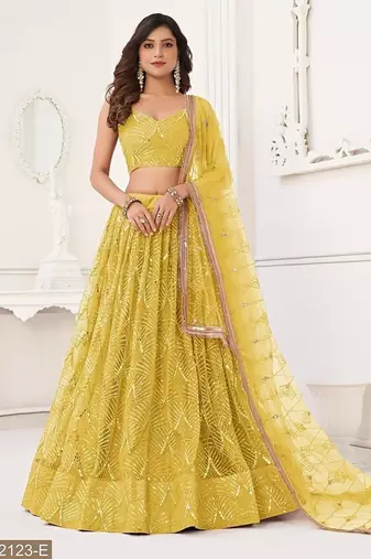 Yellow Net Embroidered & Thread Work Semi Stitched Lehenga Choli